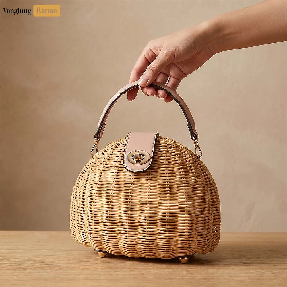 Rattan Export Half-Moon Rattan Clutch Bag with Gold Turn-Lock - REX-BG032006