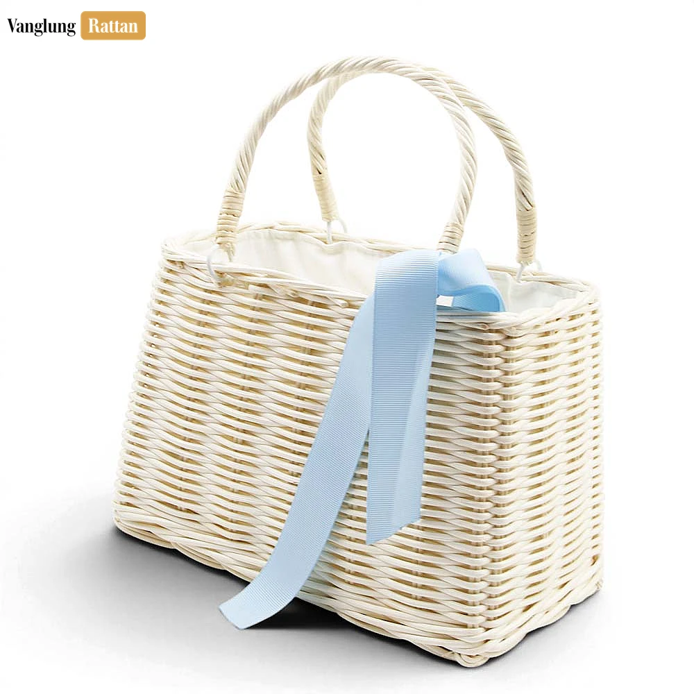 Rattan Export Handmade Cream Rattan Summer Basket Bag Ribbon Bow - REX-BG032004