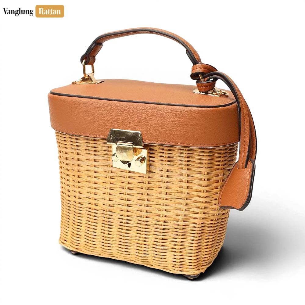 Rattan Export Luxury Woven Rattan Top Handle Box Bag with Leather Trim - REX-BG032001