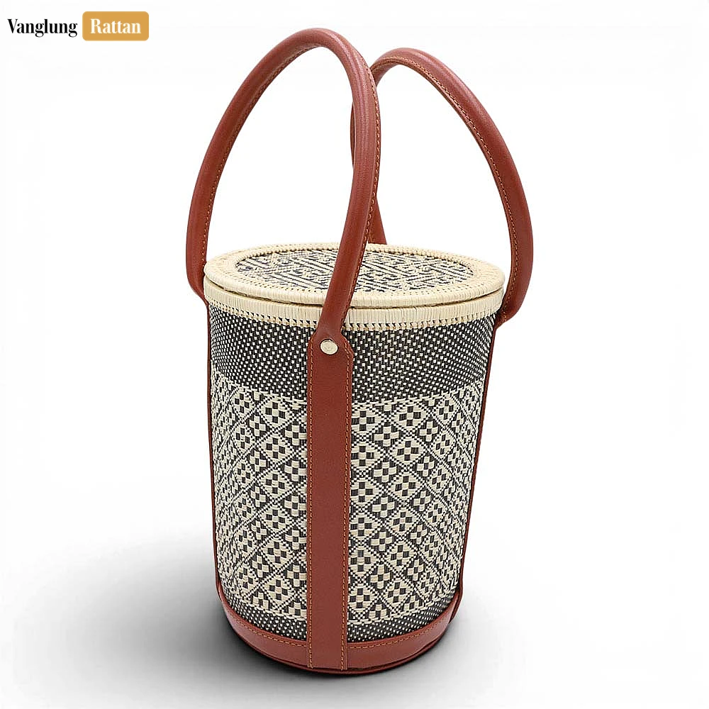 Rattan Export Geometric Pattern Woven Bamboo Bucket Bag with Premium Leather - REX-BG051003
