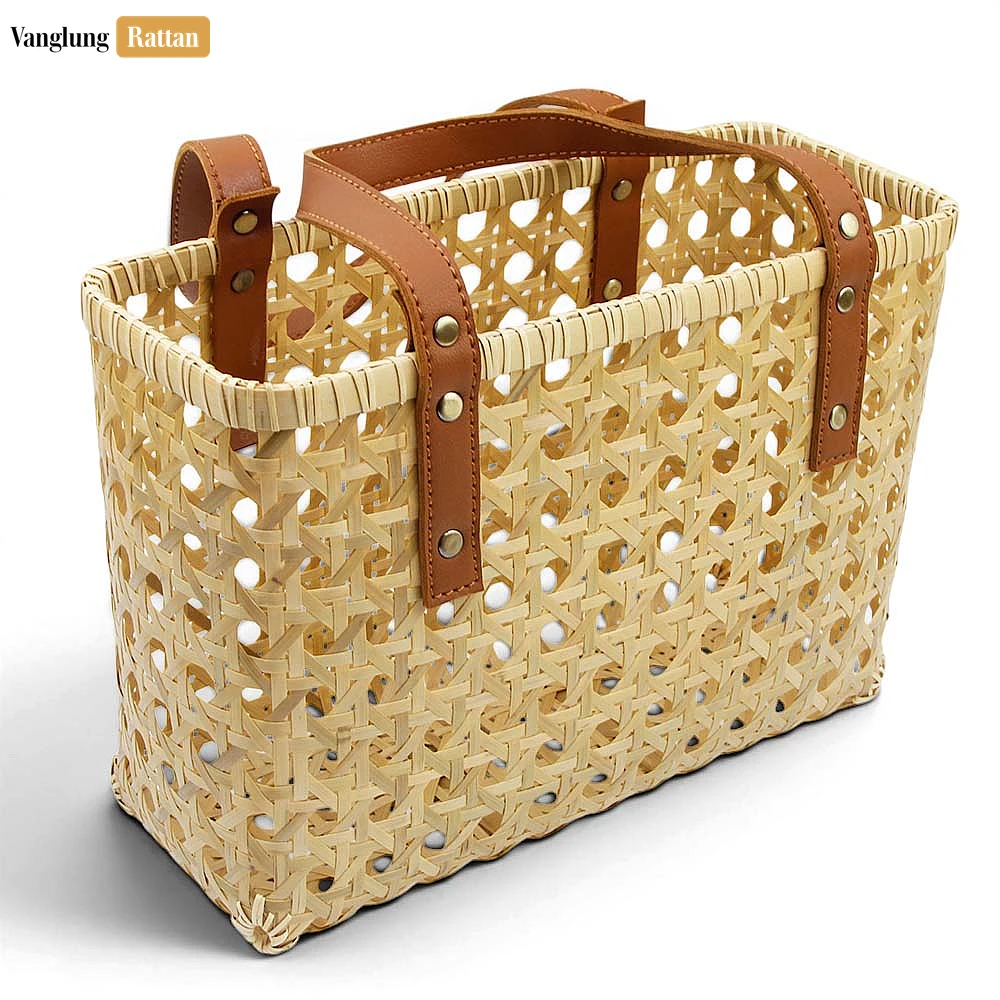 Rattan Export Wholesale Natural Hexagonal Woven Bamboo Tote Bag with Leather Straps - REX-BG051002