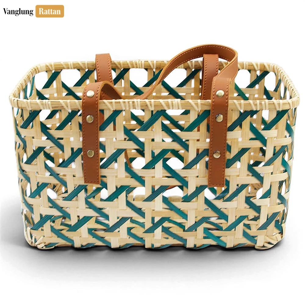 Rattan Export Handmade Woven Bamboo Beach Tote with Leather Handles - REX-BG051001