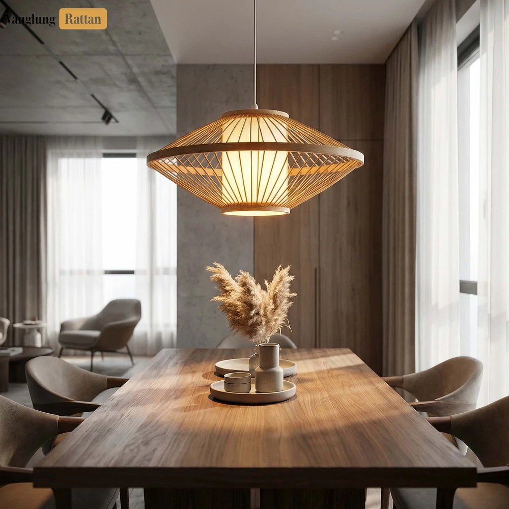 Rattan Export Wholesale Bamboo UFO Lampshade - Geometric Pendant Light for Hotel and Restaurant Use - REX-LAB260114