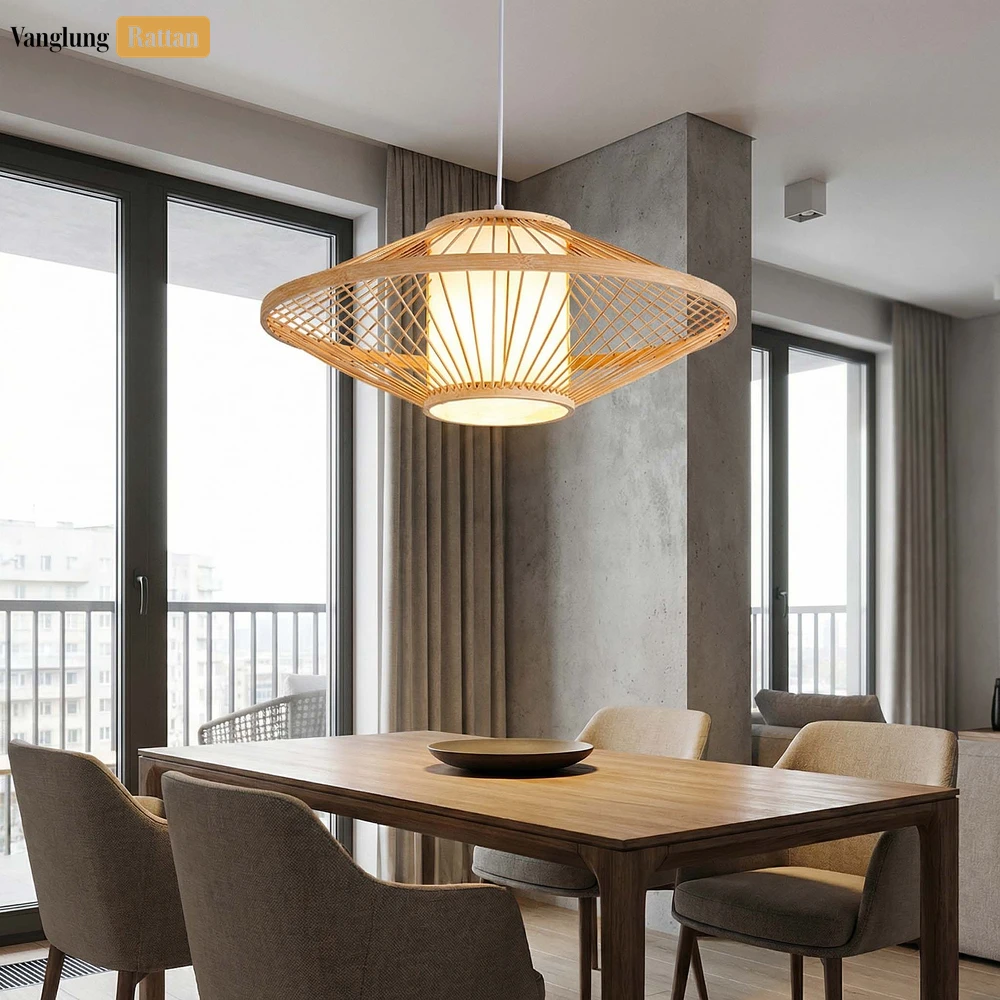 Rattan Export Wholesale Bamboo UFO Lampshade - Geometric Pendant Light for Hotel and Restaurant Use - REX-LAB260114