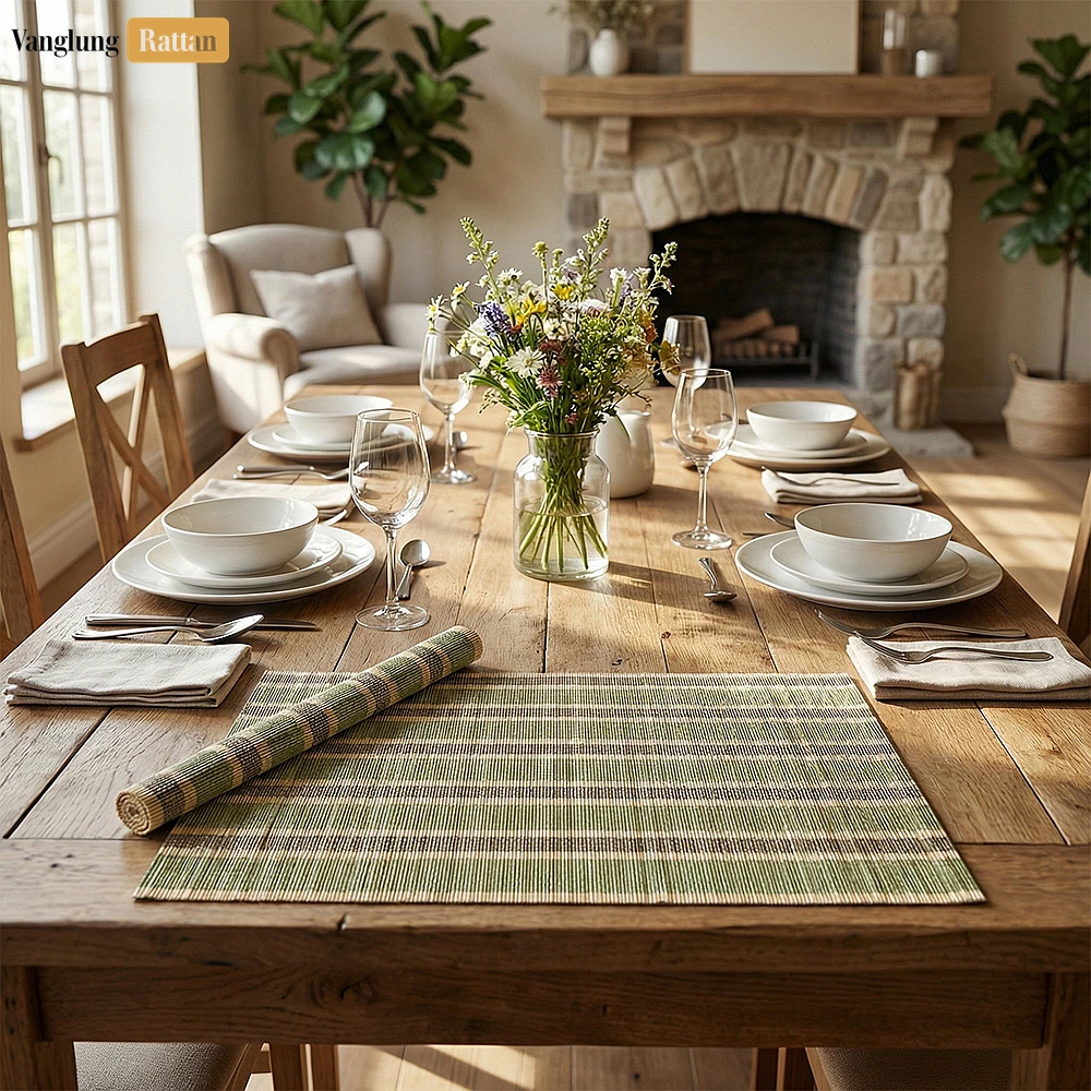Rattan Export Wholesale Bamboo Placemat - Striped Woven Table Mat for Hotel and Restaurant Use - REX-UP058004