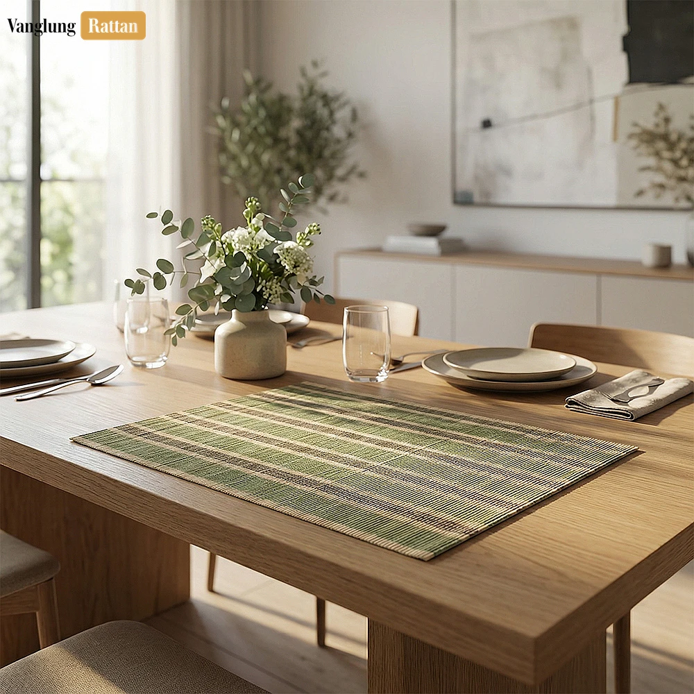 Rattan Export Wholesale Bamboo Placemat - Striped Woven Table Mat for Hotel and Restaurant Use - REX-UP058004