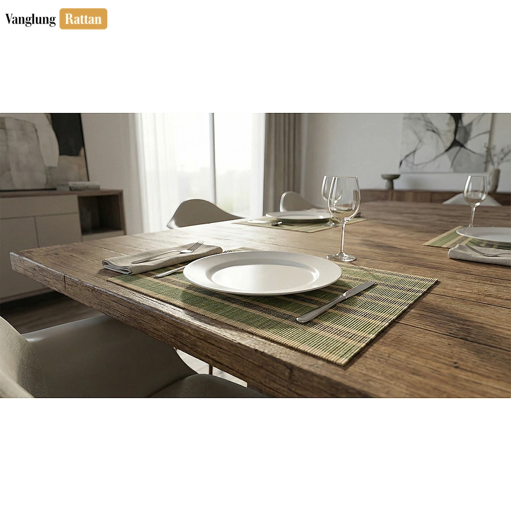 Rattan Export Wholesale Bamboo Placemat - Striped Woven Table Mat for Hotel and Restaurant Use - REX-UP058004