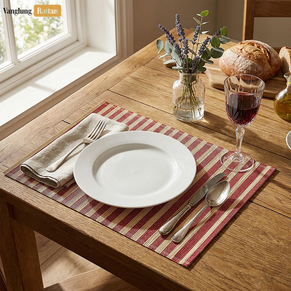 Rattan Export Bulk Woven Bamboo Table Placemats - Striped Dining Mat for Hotel and Restaurant Use - REX-UP058002