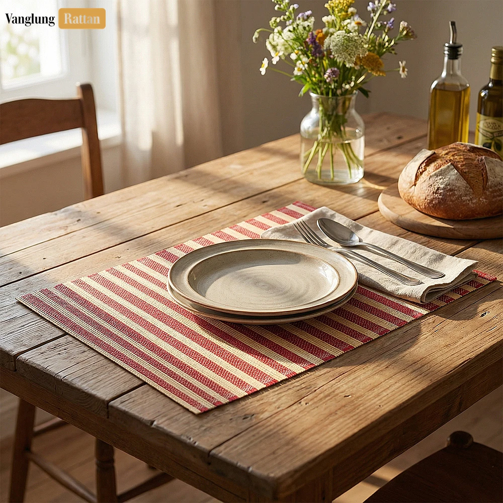 Rattan Export Bulk Woven Bamboo Table Placemats - Striped Dining Mat for Hotel and Restaurant Use - REX-UP058002
