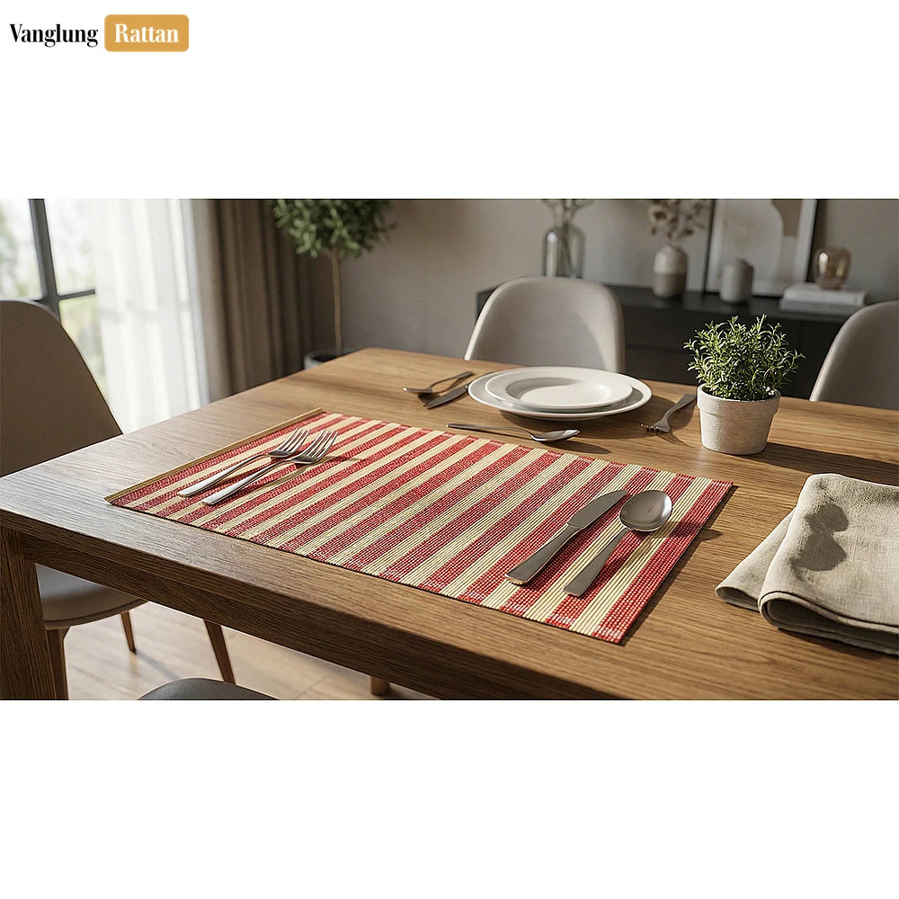 Rattan Export Bulk Woven Bamboo Table Placemats - Striped Dining Mat for Hotel and Restaurant Use - REX-UP058002