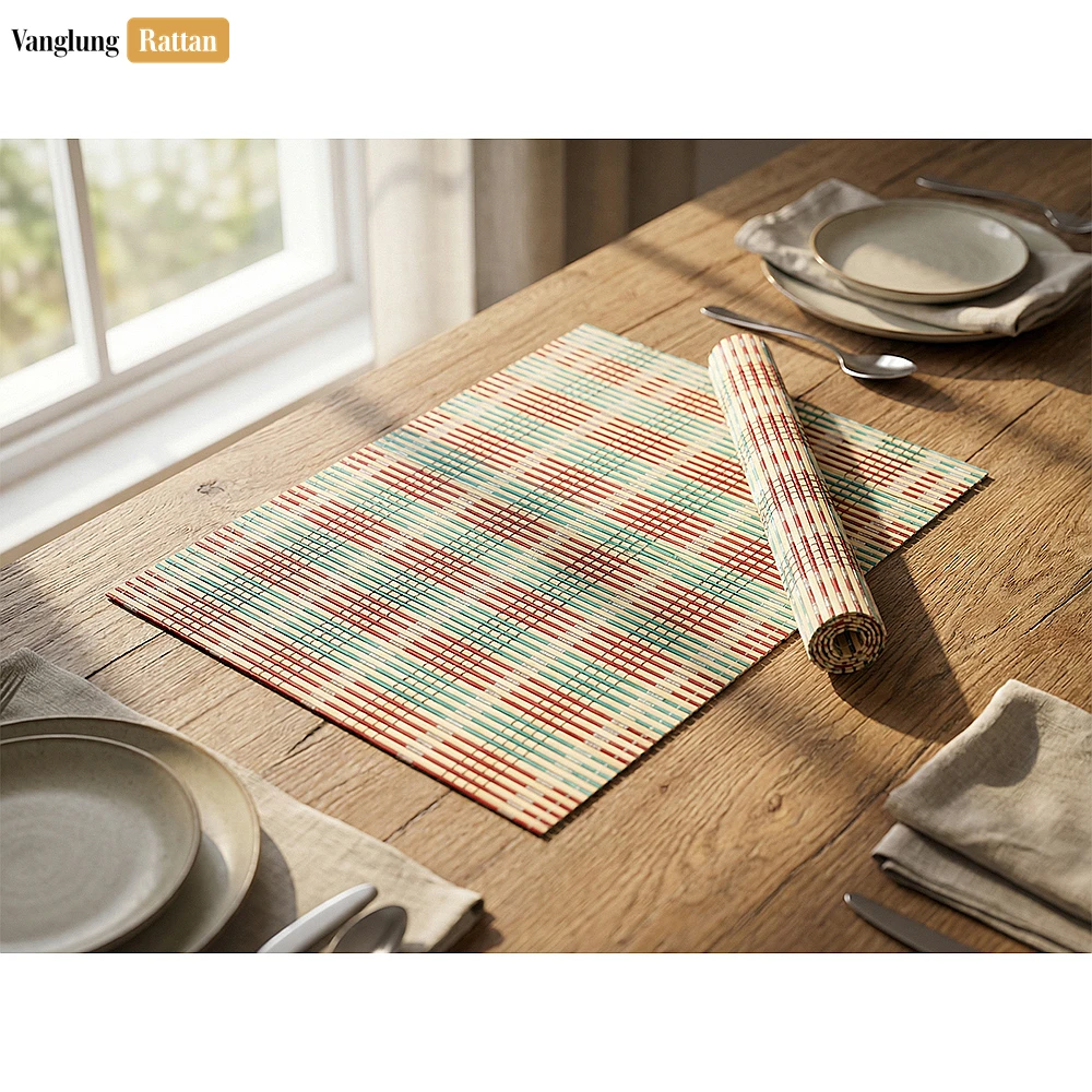 Rattan Export Wholesale Bamboo Placemat - Striped Woven Table Mat for Hotel and Restaurant Use - REX-UP058001