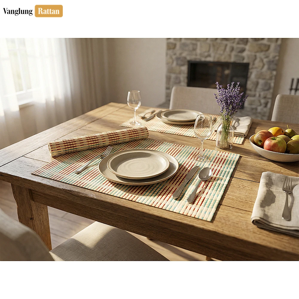 Rattan Export Wholesale Bamboo Placemat - Striped Woven Table Mat for Hotel and Restaurant Use - REX-UP058001