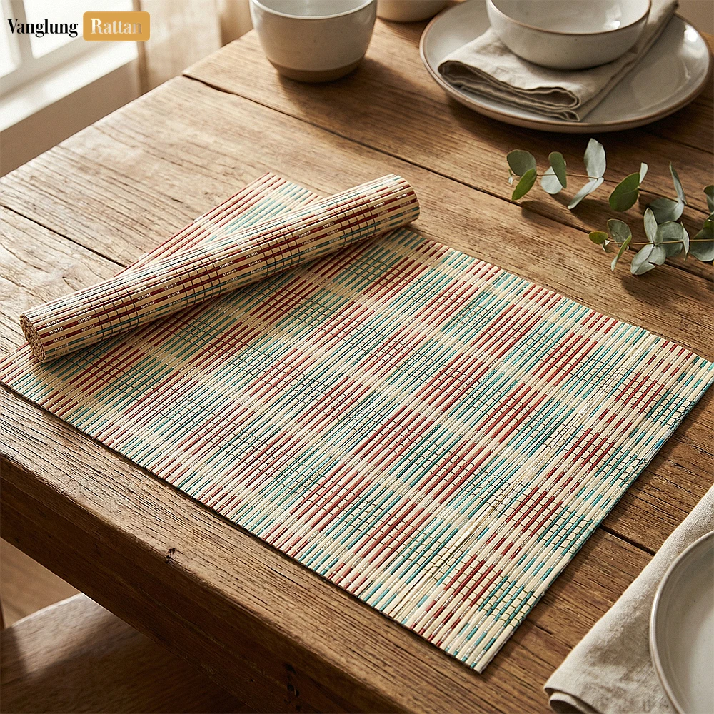 Rattan Export Wholesale Bamboo Placemat - Striped Woven Table Mat for Hotel and Restaurant Use - REX-UP058001