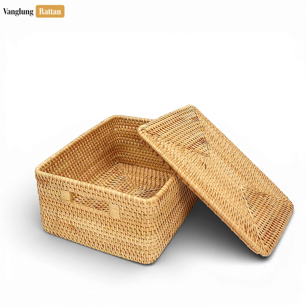Rattan Export Bulk Rectangle Straw Rattan Storage Basket with Lid - Large Rectangle Woven Box with Lid - REX-SB012001