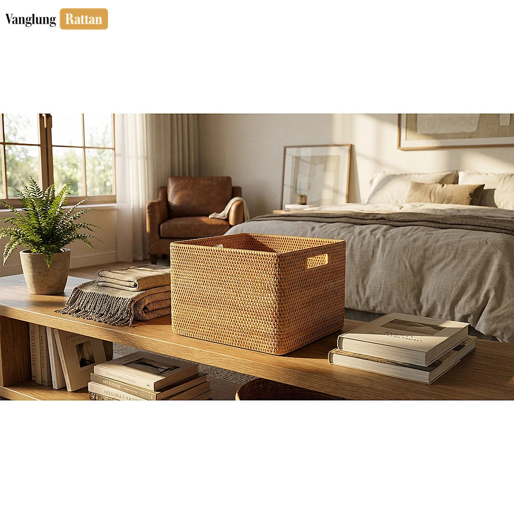 Rattan Export Bulk Natural Straw Rattan Storage Basket with Handles - Professional Woven Tray - REX-SB011002