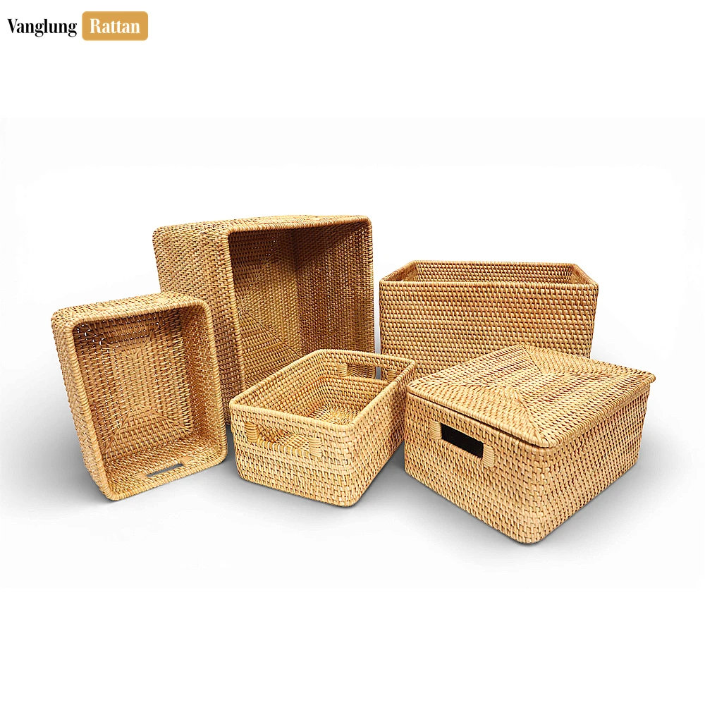 Rattan Export Bulk Natural Straw Rattan Storage Basket with Handles - Professional Woven Tray - REX-SB011002