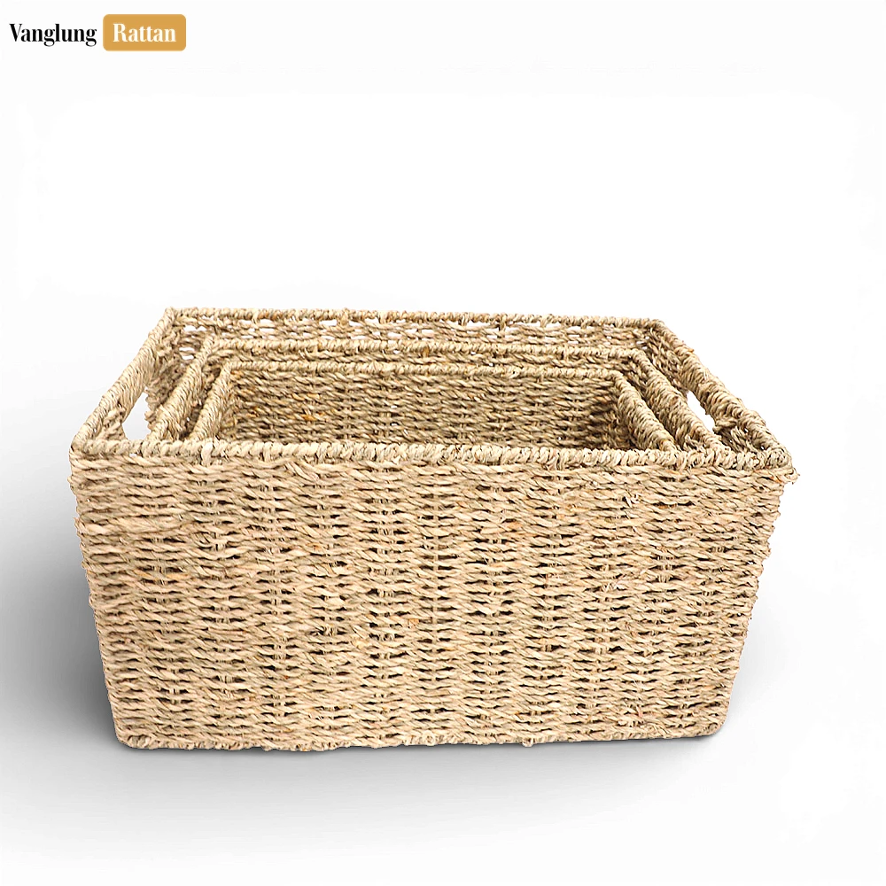 Rattan Export Bulk Natural Seagrass Storage Basket with Handles - Large Woven Organizer - REX-SB073003