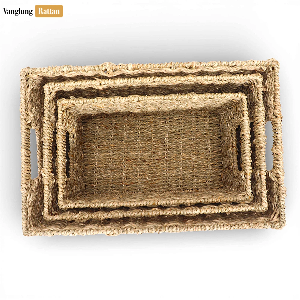 Rattan Export Bulk Natural Seagrass Storage Basket with Handles - Large Woven Organizer - REX-SB073003