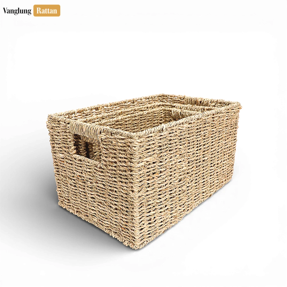 Rattan Export Bulk Natural Seagrass Storage Basket with Handles - Large Woven Organizer - REX-SB073003