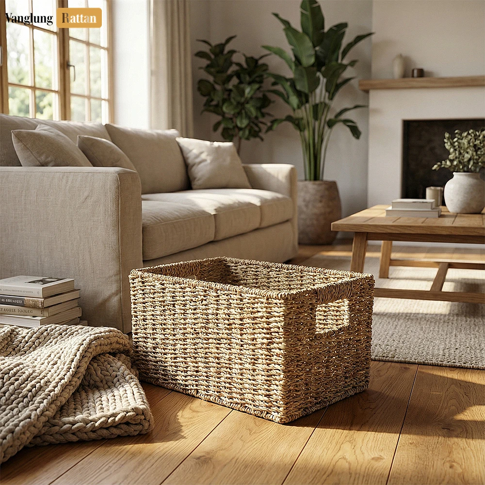 Rattan Export Bulk Natural Seagrass Storage Basket with Handles - Large Woven Organizer - REX-SB073003