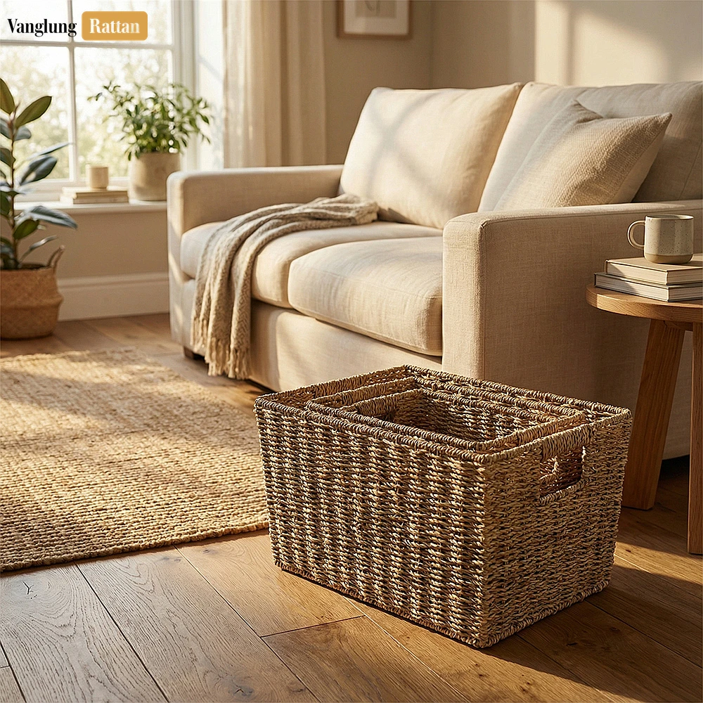 Rattan Export Bulk Natural Seagrass Storage Basket with Handles - Large Woven Organizer - REX-SB073003