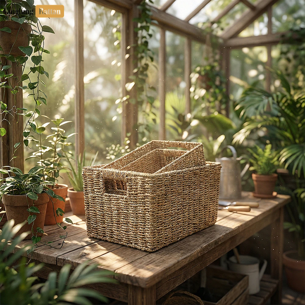 Rattan Export Bulk Natural Seagrass Storage Basket with Handles - Large Woven Organizer - REX-SB073003