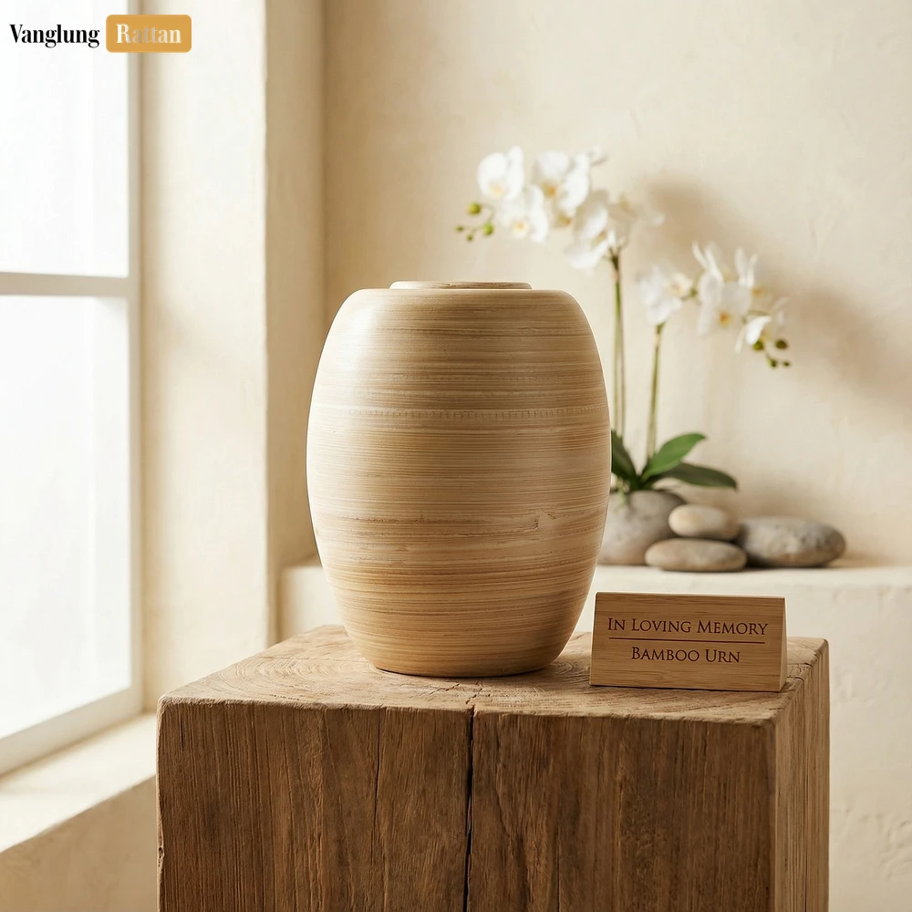 Rattan Export Artisanal Wood Grain Ash Urn - Premium Natural Memorial Product for Funeral Home Use - REX-UR0526008