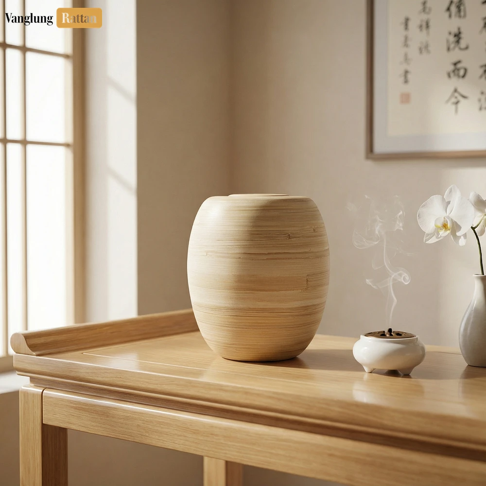Rattan Export Artisanal Wood Grain Ash Urn - Premium Natural Memorial Product for Funeral Home Use - REX-UR0526008