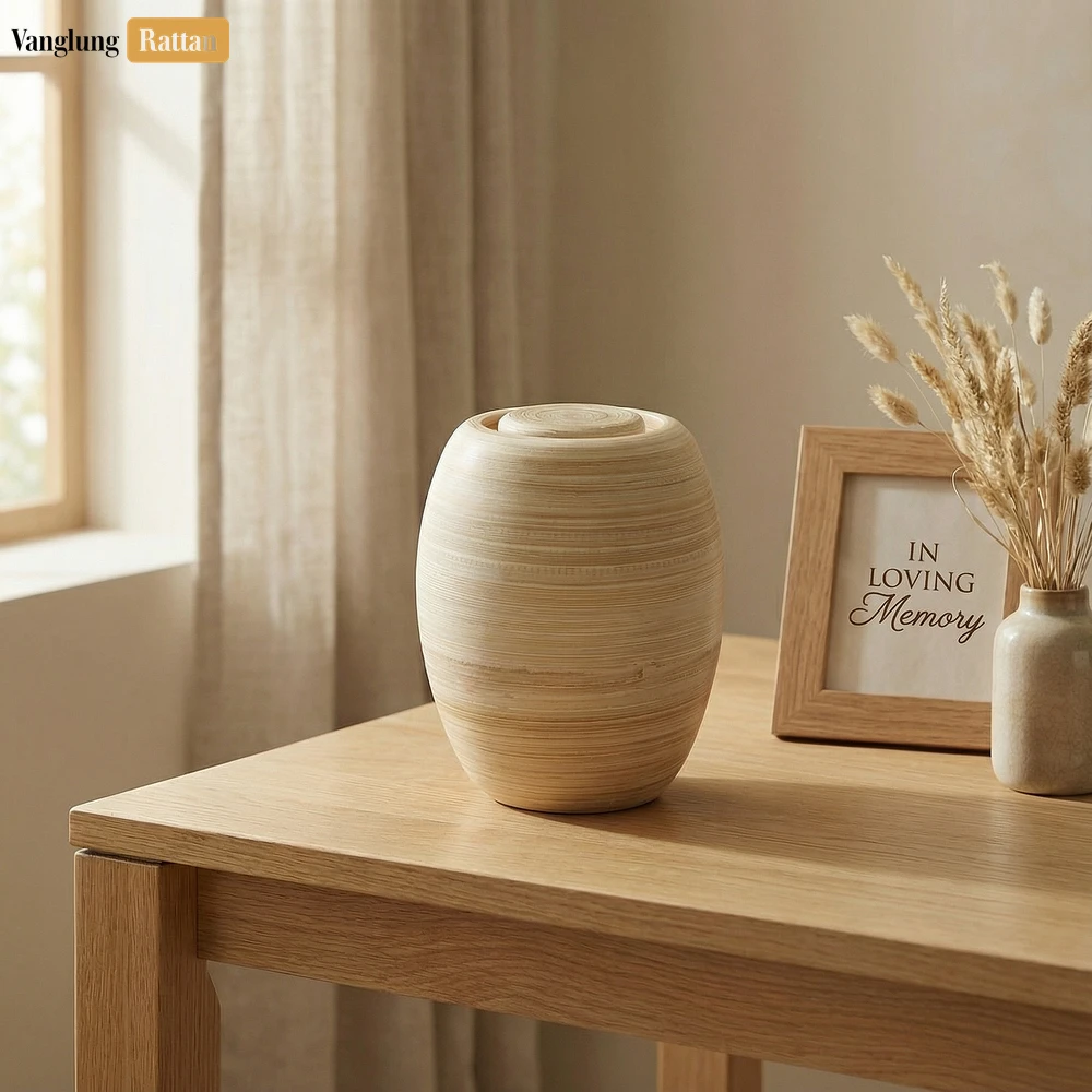 Rattan Export Artisanal Wood Grain Ash Urn - Premium Natural Memorial Product for Funeral Home Use - REX-UR0526008