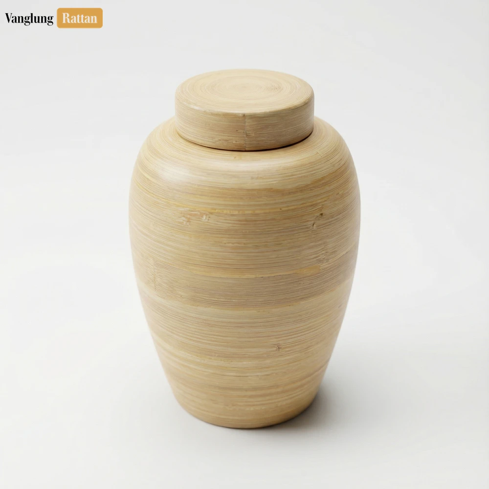 Rattan Export Tapered Bamboo Ash Urn with Matching Lid - Sustainable Funeral Supply for Bulk Use - REX-UR0526007