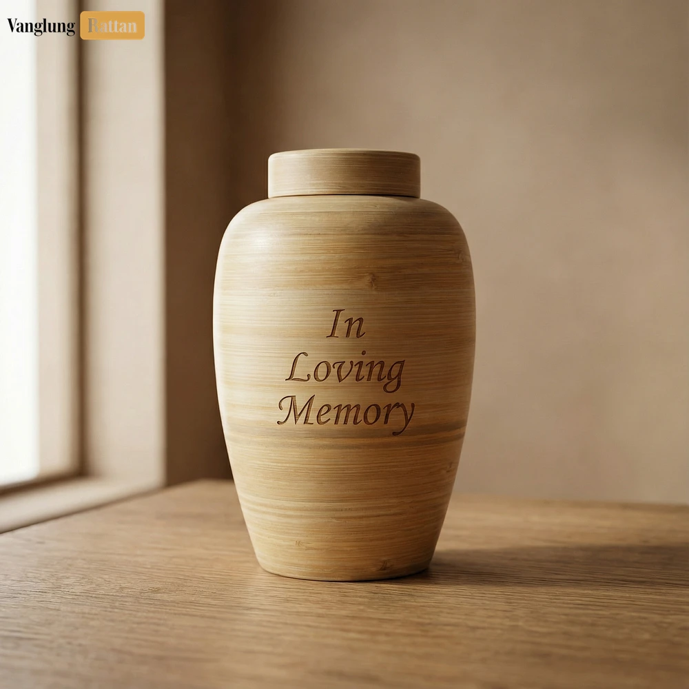 Rattan Export Tapered Bamboo Ash Urn with Matching Lid - Sustainable Funeral Supply for Bulk Use - REX-UR0526007