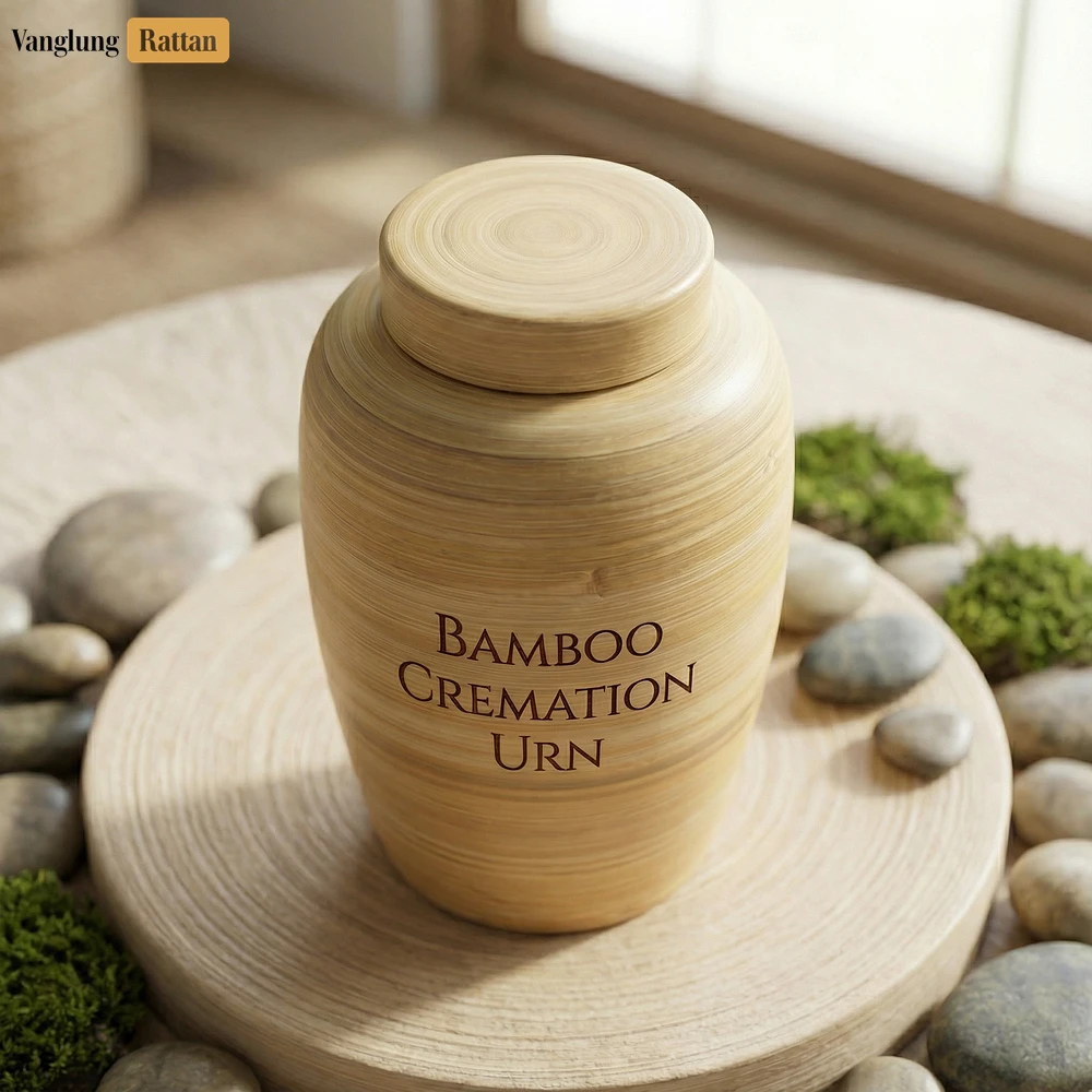 Rattan Export Tapered Bamboo Ash Urn with Matching Lid - Sustainable Funeral Supply for Bulk Use - REX-UR0526007