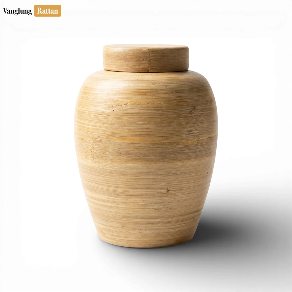 Rattan Export Tapered Bamboo Ash Urn with Matching Lid - Sustainable Funeral Supply for Bulk Use - REX-UR0526007