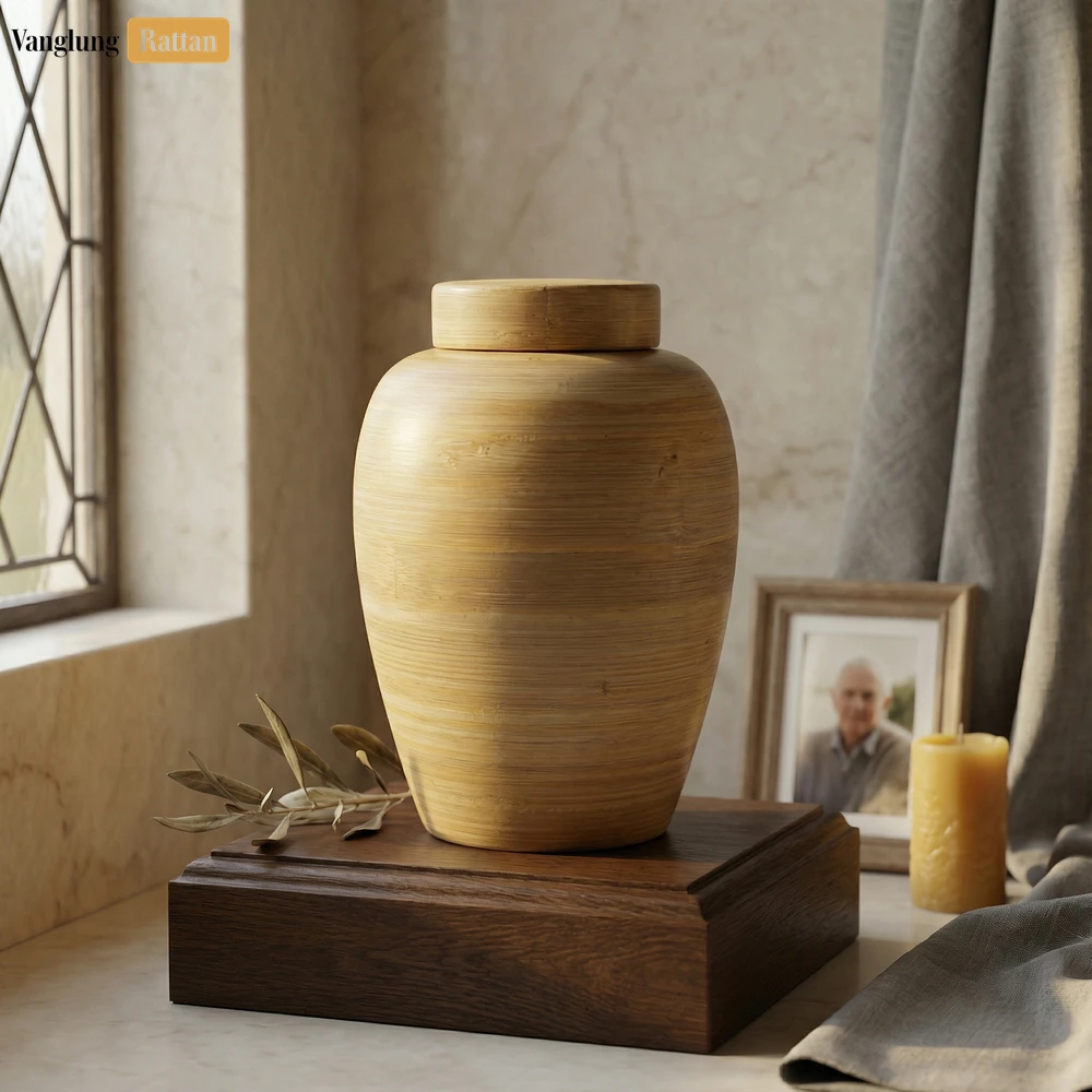 Rattan Export Tapered Bamboo Ash Urn with Matching Lid - Sustainable Funeral Supply for Bulk Use - REX-UR0526007