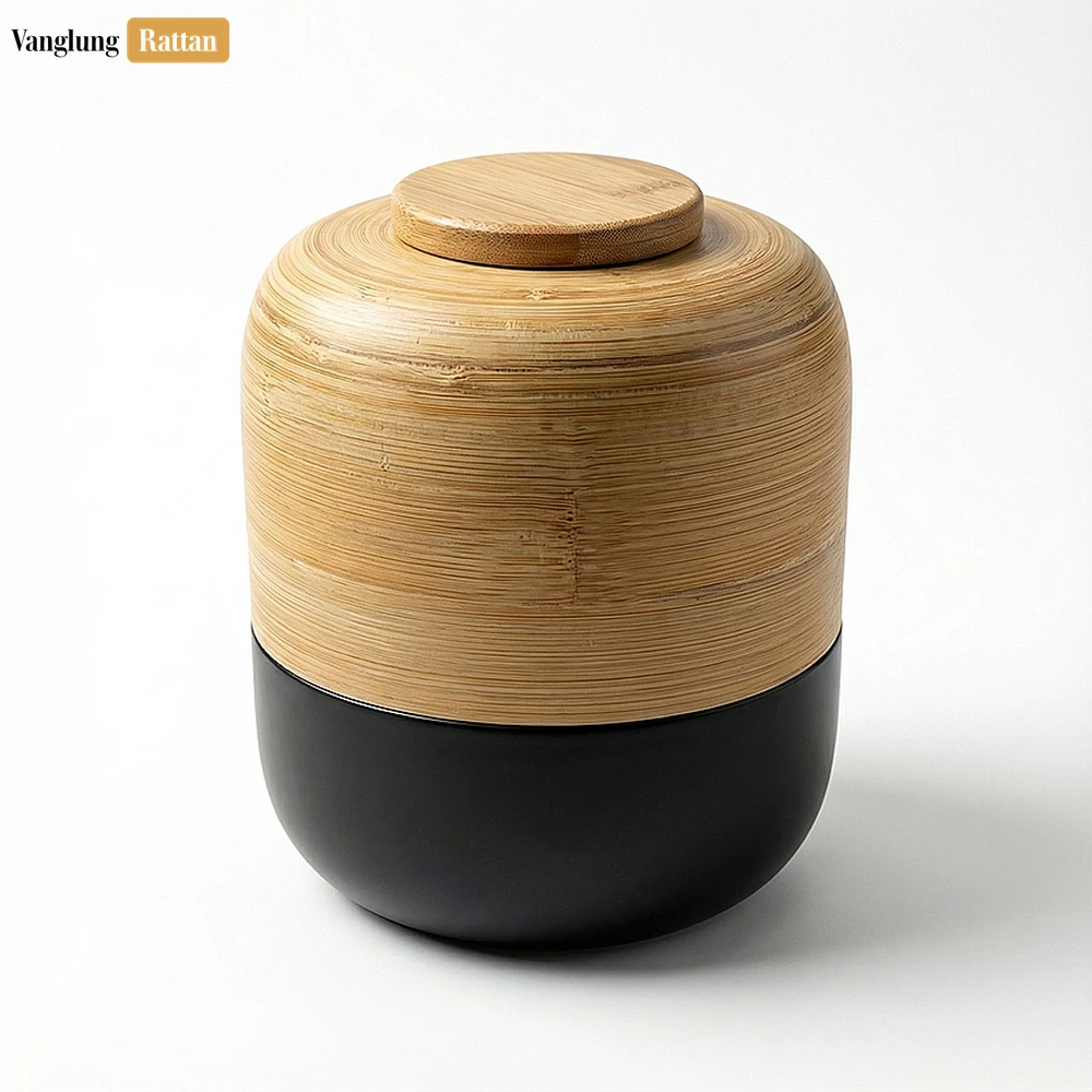 Rattan Export Wholesale Two-Tone Coiled Bamboo Cremation Urn - Matte Black and Natural Wood Funeral Vase for Ash Use - REX-UR0526004