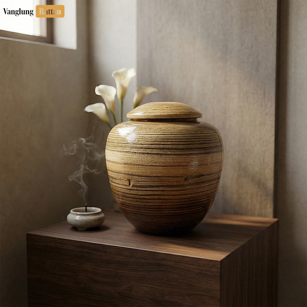 Rattan Export Bán buôn cuộn tre hỏa táng bình lưu tro - bền vững tang lễ nguồn cung cho số lượng lớn sử dụng - REX-UR0526002