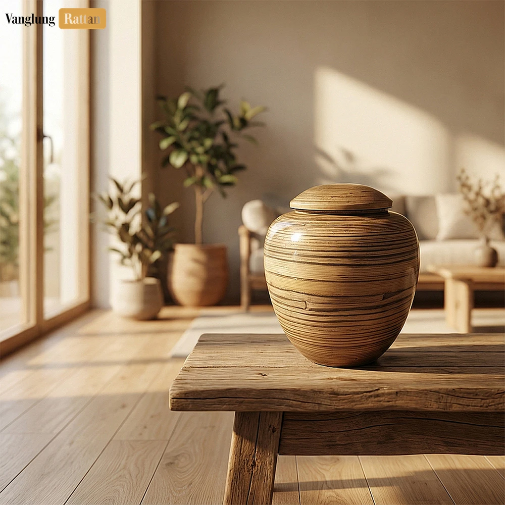 Rattan Export Bán buôn cuộn tre hỏa táng bình lưu tro - bền vững tang lễ nguồn cung cho số lượng lớn sử dụng - REX-UR0526002