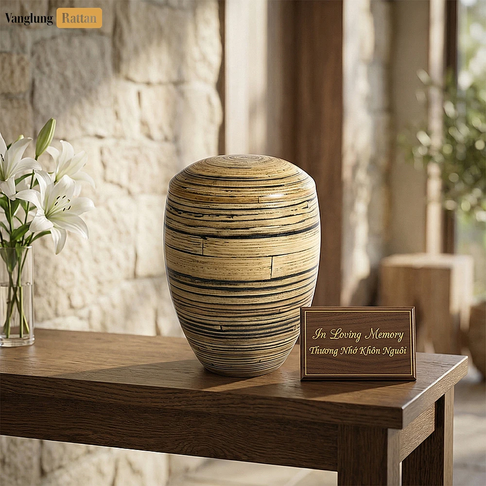 Rattan Export Natural Coiled Bamboo Cremation Urn - Handcrafted Wooden Funeral Vase for Ash Use - REX-UR0526001