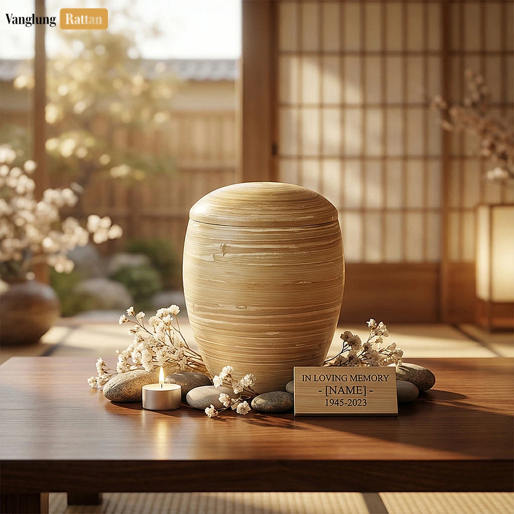 Rattan Export Natural Coiled Bamboo Cremation Urn - Handcrafted Wooden Funeral Vase for Ash Use - REX-UR0526001