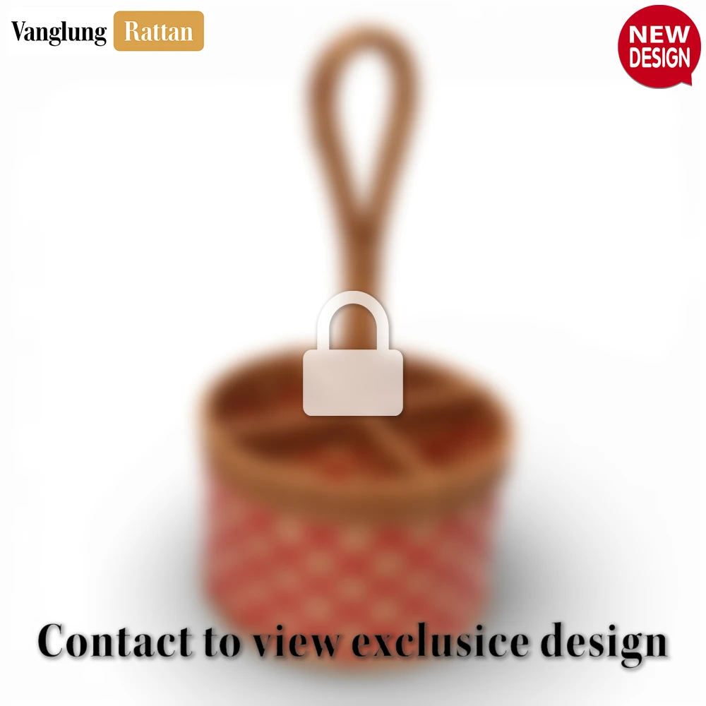 Rattan Export Cherry Red Woven Cutlery Caddy with Rattan Handle - Decorative 4-Compartment Silverware Holder for Tabletop Use - REX-TWR05009