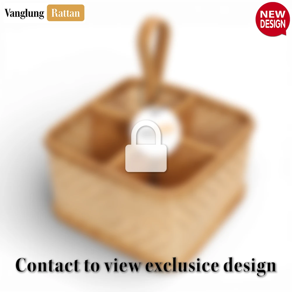 Rattan Export Natural Bamboo Rattan Cutlery Basket with Handle - Sustainable Light Wood Flatware Organizer for Kitchen Use - REX-TWH05007