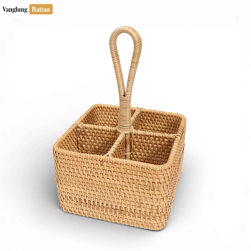 Rattan Export Green Straw Rattan Picnic and Party Cutlery Holder - Portable Woven Caddy for Outdoor Meal Use - REX-TWH01005