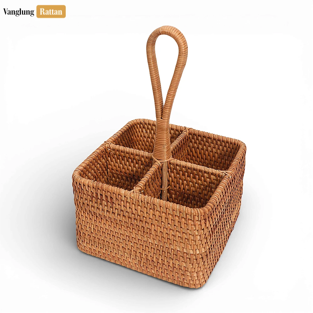 Rattan Export Brown Honey Straw Rattan Picnic and Party Cutlery Holder - Portable Woven Caddy for Outdoor Meal Use - REX-TWH01004