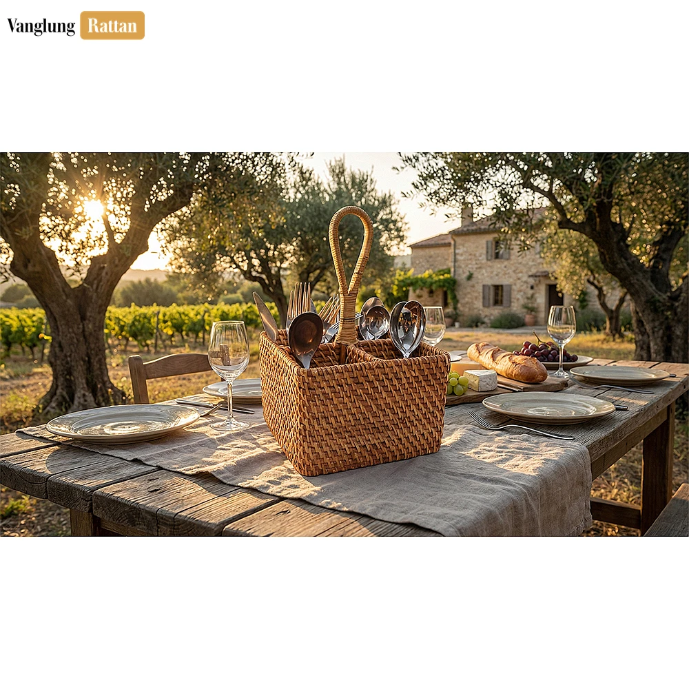 Rattan Export Rattan Tableware Cutlery Holder - Eco-Friendly Tableware Storage for Meal Use - REX-TWH02006