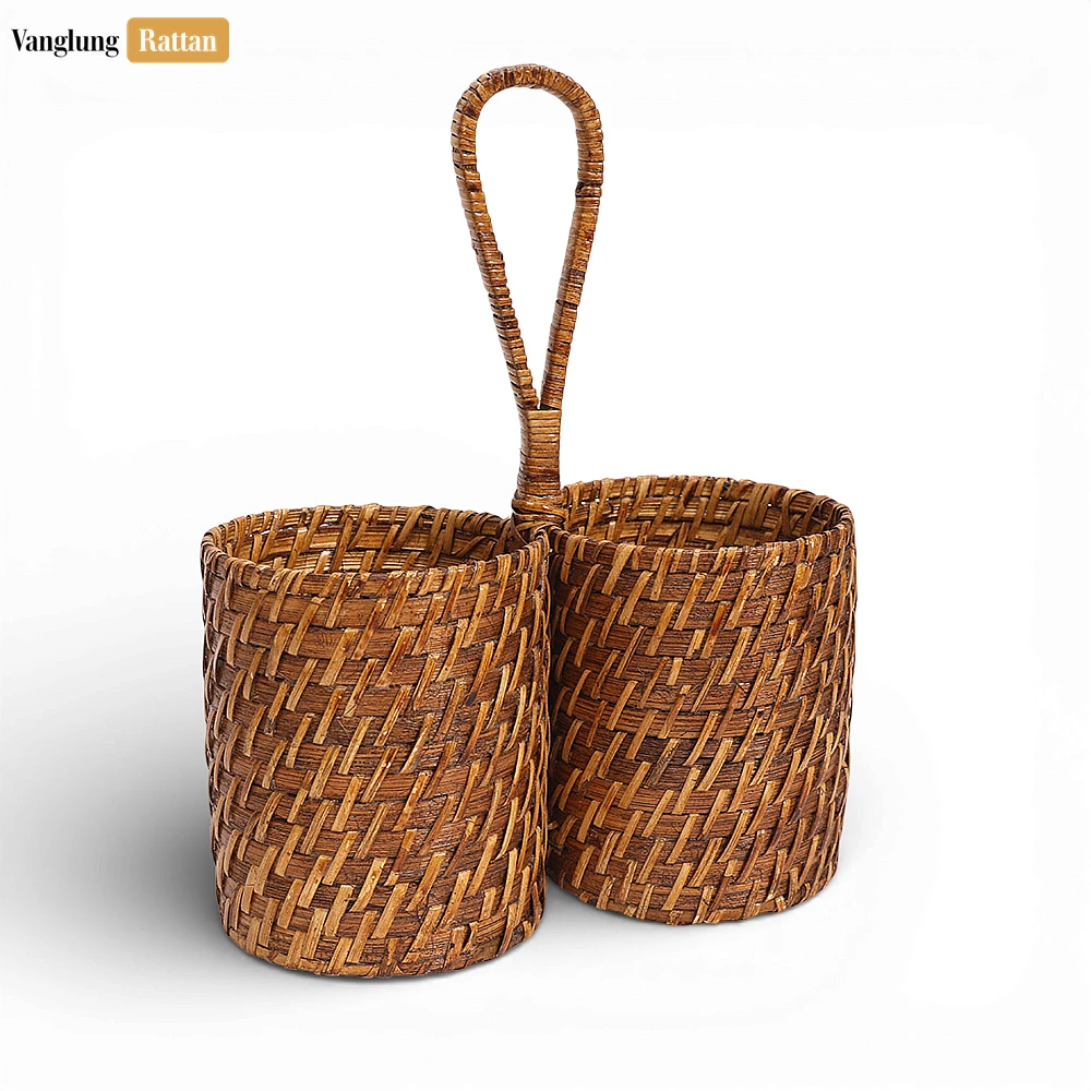 Rattan Export Espresso Woven Utensil Caddy with Carrying Handle - Eco-Friendly Tableware Storage for Meal Use - REX-TWH05015