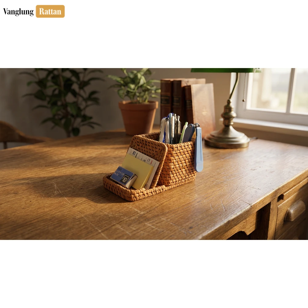 Rattan Export Natural Straw Rattan Pen Holder and Desk Caddy - Woven Stationery Organizer for Office Use - REX-ST23015