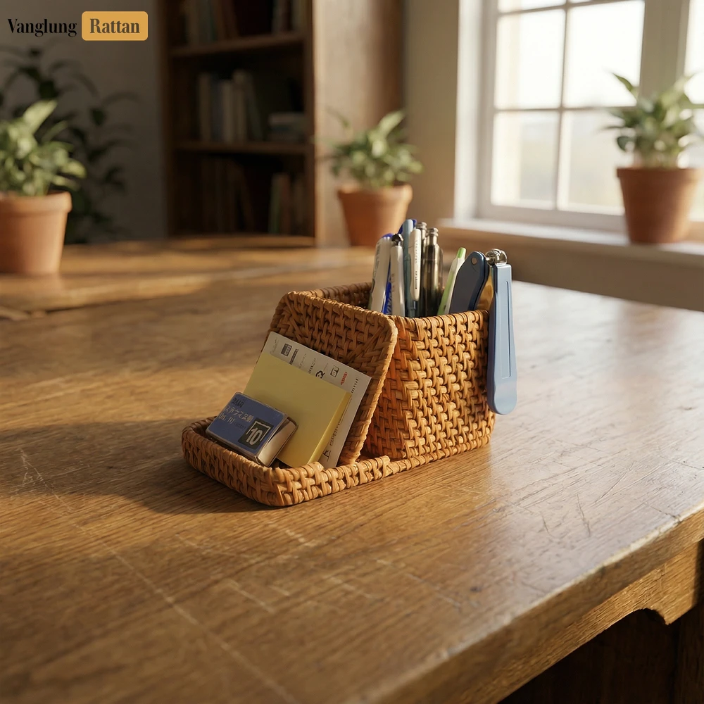 Rattan Export Natural Straw Rattan Pen Holder and Desk Caddy - Woven Stationery Organizer for Office Use - REX-ST23015