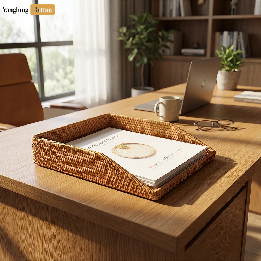 Rattan Export Natural Straw Rattan Desk Organizer Tray - Woven Letter and Paper Storage for Office Use - REX-ST23006
