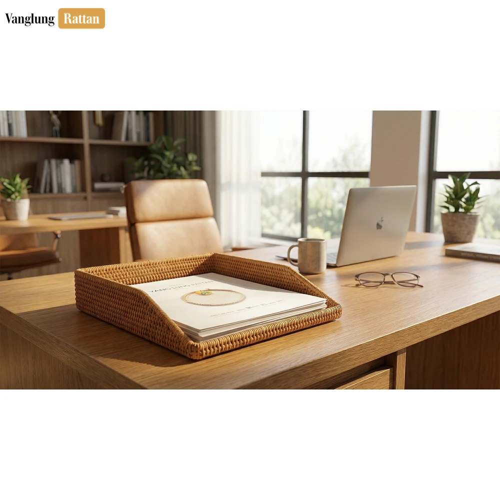Rattan Export Natural Straw Rattan Desk Organizer Tray - Woven Letter and Paper Storage for Office Use - REX-ST23006