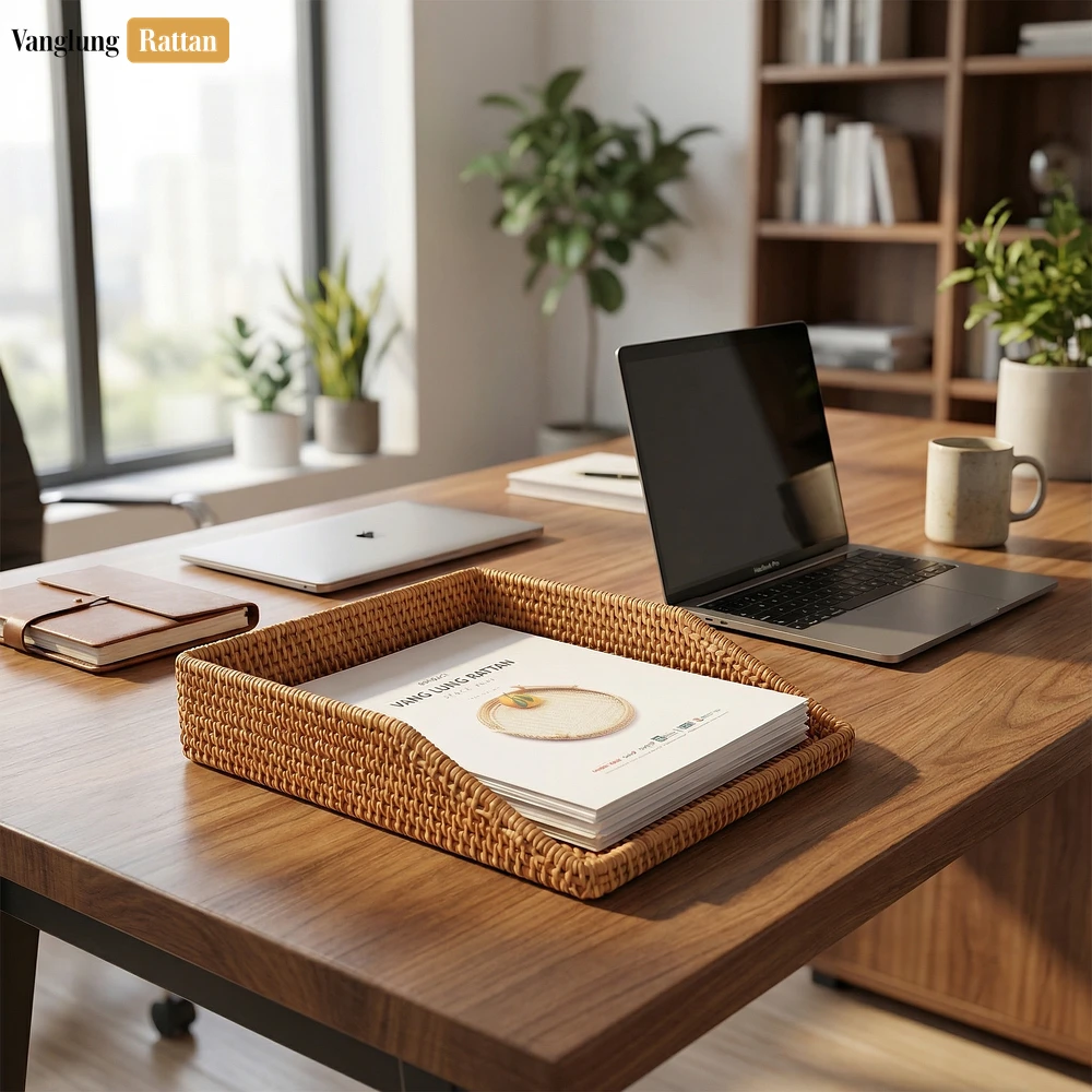 Rattan Export Natural Straw Rattan Desk Organizer Tray - Woven Letter and Paper Storage for Office Use - REX-ST23006